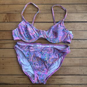 Vintage 90s Bermuda Beachwear Women's Paisley Pink Blue Bikini Swimsuit Large